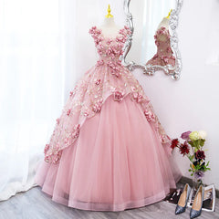 Pink Flowers Round Neckline Floor Length Sweet 16 Dress, Pink Long Formal Dress