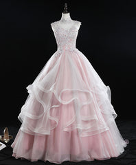 Pink High Neck Tulle Lace Long Sweet 16 Dress Tulle Lace Pink Prom Dress