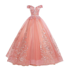 Pink Lace Flower Off Shoulder Sweet 16 Dress, Pink Long Prom Dresses Quinceaner Dress