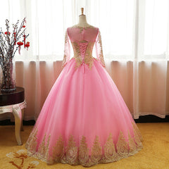 Pink Long Sleeves Tulle Round Neckline Sweet 16 Dresses, Pink Formal Gown