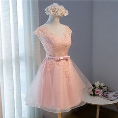 Pink Lovely Cap Sleeves Knee Length Formal Dress, Pink Tulle Prom Dress