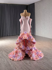 Pink Mermaid Strapless Flower Prom Dress