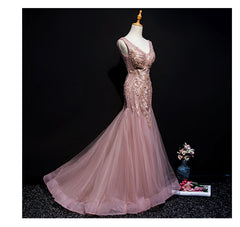 Pink Mermaid Tulle Long Evening Dress with Lace, V-neckline Floor Length Prom Dress