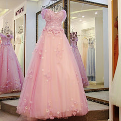 Pink Off Shoulder Lace Applique Tulle Flowers Prom Dress, Pink Formal Dress Sweet 16 Dress