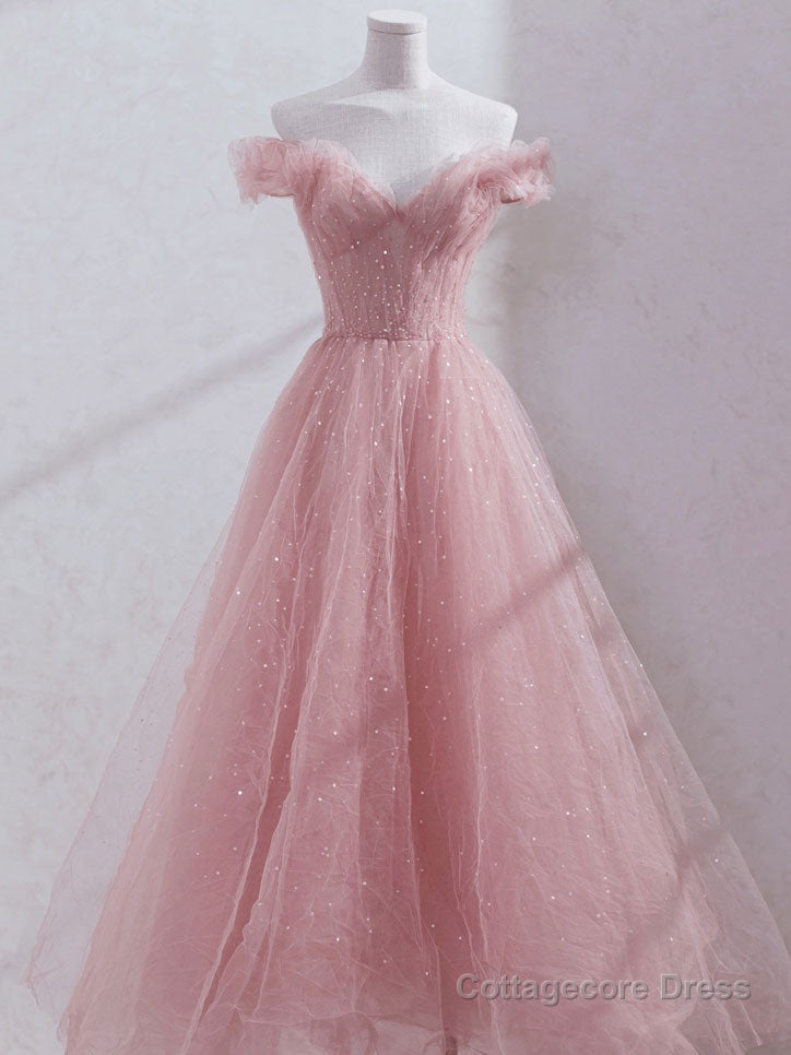 Pink off shoulder tulle sequin long prom dress, pink formal dress