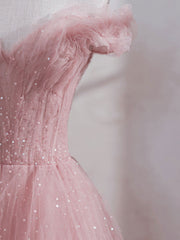 Pink Off Shoulder Tulle Tea Length Prom Dress,Pink Tulle Wedding Party Dresses