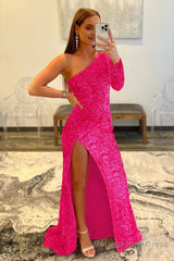 Pink One Shoulder Sequined Prom Dress