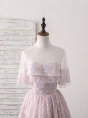 Pink Round Neck Lace Tulle Short Prom Dress, Pink Homecoming Dress