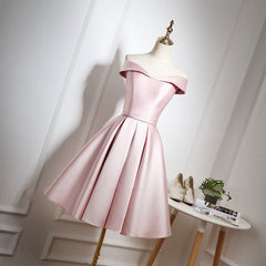 Pink Satin Knee Length Homecoming Dress, Off the Shoulder Homecoming Dress