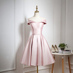 Pink Satin Knee Length Homecoming Dress, Off the Shoulder Homecoming Dress