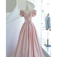 Pink Satin Long Short Sleeves Prom Dress Party Dress, Pink Formal Dress Wedding Party Dress