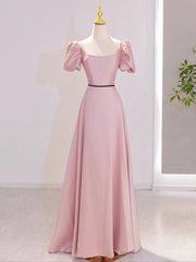 Pink Satin Short Sleeves A-line Party Dress, Pink Satin Prom Dress