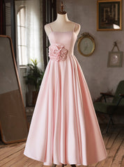 Pink Satin Spaghetti Straps Flower Prom Dress