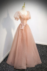 Pink Short Sleeves Tulle Party Dress, A-line Flower Lace Prom Dress