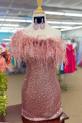 Pink Sparkly Tight Sequins Homecoming Dress with Feathers