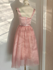 Pink Tea Length Sweetheart Tulle Party Dresses, Pink Wedding Party Dresses