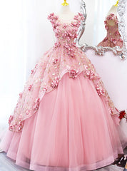 Pink Tulle 3D Flower Sequins Prom Dress