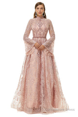 Pink Tulle Appliques High Neck Long Sleeve Beading Prom Dresses