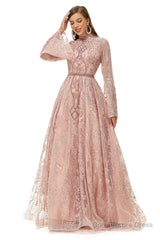 Pink Tulle Appliques High Neck Long Sleeve Beading Prom Dresses