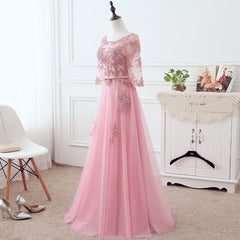 Pink Tulle Elegant Party Dress with Lace, Pink A-line Formal Dress Bridesmaid Dress