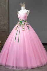 Pink Tulle Flower Long Prom Dresses, Cute Spaghetti Sweet 16 Dresses