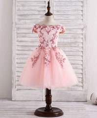 Pink Tulle Lace Applique Short Flower Girl Dresses