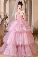 Pink Tulle Layers Long A-Line Prom Dress, Pink Sweetheart Neckline Evening Gown