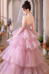 Pink Tulle Layers Long A-Line Prom Dress, Pink Sweetheart Neckline Evening Gown