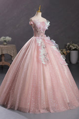 Pink Tulle Long A-Line Prom Dress with Lace, Off Shoulder Sweet 16 Dress