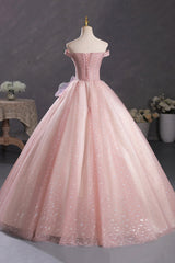 Pink Tulle Long A-Line Prom Dress with Lace, Off Shoulder Sweet 16 Dress