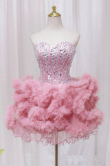 Pink Tulle Short Homecoming Dress with Rhinestones, Cute Party Dress