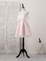 Pink Tulle Sweetheart Lace Short Prom Dress, Pink Homecoming Dress