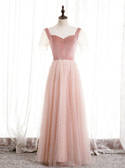 Pink Tulle Velvet Short Sleeve Square Pearls Prom Dress