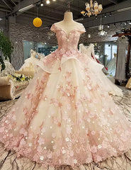 Pink Tulle with Flowers and Beaded Long Party Dress, Pink Sweet 16 Gown