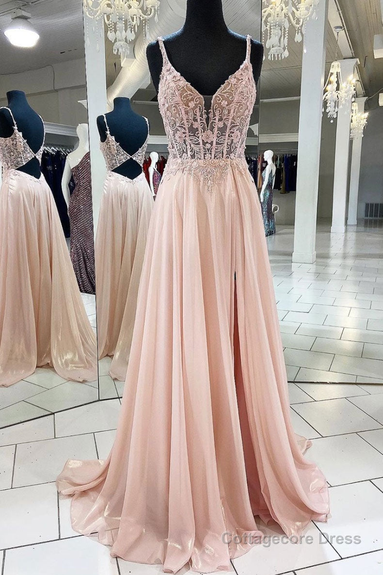 Pink v neck lace chiffon long prom dress, pink formal dress