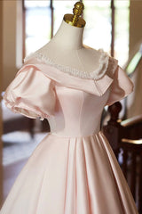 Pink V-Neck Satin A-Line Prom Dress, Beautiful Short Sleeve Evening Party Dress