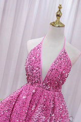 Pink V-Neck Sequins Short Prom Dress, Pink A-Line Backless Party Dress