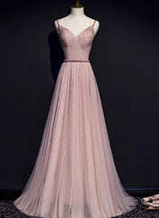 Pink V-neckline Beaded Tulle Prom Dress , Party Gown