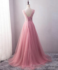 Pink Tulle Long A Line Prom Dress, Pink Evening Dress