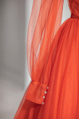 Plunging V-Neck Tulle Floor Length Formal Dress, Orange Long Sleeve Prom Dress