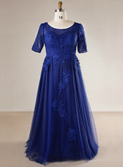 Plus Size Blue Tulle Appliques Short Sleeve Long Prom Dress