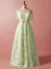 Plus Size Green Lace Tulle Short Sleeve V-neck Prom Dress