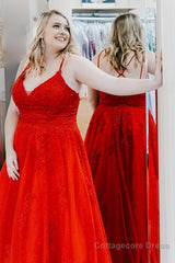 Plus Size Red Tulle Long Prom Dress with Appliques