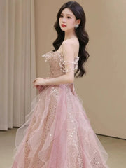 Pretty A Line Off The Shoulder Tulle Pink Floor Length Evening Dress Prom Dresses