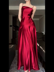 Pretty A Line Spaghetti Straps Red Satin Long Floor Length Prom Dresses