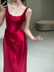 Pretty A line Straps Red Satin Long Floor Length Prom Dresses