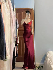 Pretty Mermaid Spaghetti Straps Burgundy Satin Long Floor Length Prom Dresses