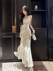 Pretty Mermaid Spaghetti Straps White Satin Prom Dresses Long Evening Gowns