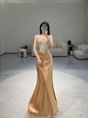 Pretty Sheath Strapless Neckline Sleeveless Evening Dress Gold Satin Prom Dresses