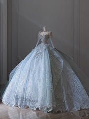 Princess Ball Gown Scoop Neckline Long Sleeves Sequin Light Sky Blue Long Wedding Dresses Brides Dress